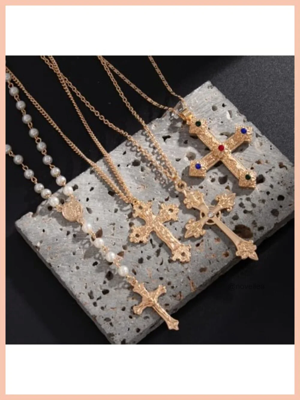 4 Pc Dainty Crystal Cross Pendant Necklace Set, Layered Chain, Hypoallergenic